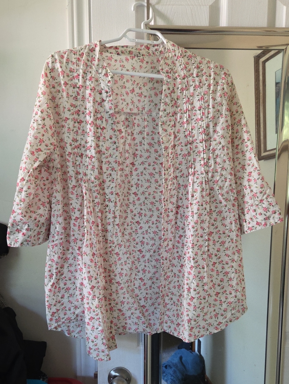 George White Button-Front Shirt with Pink Floral Print